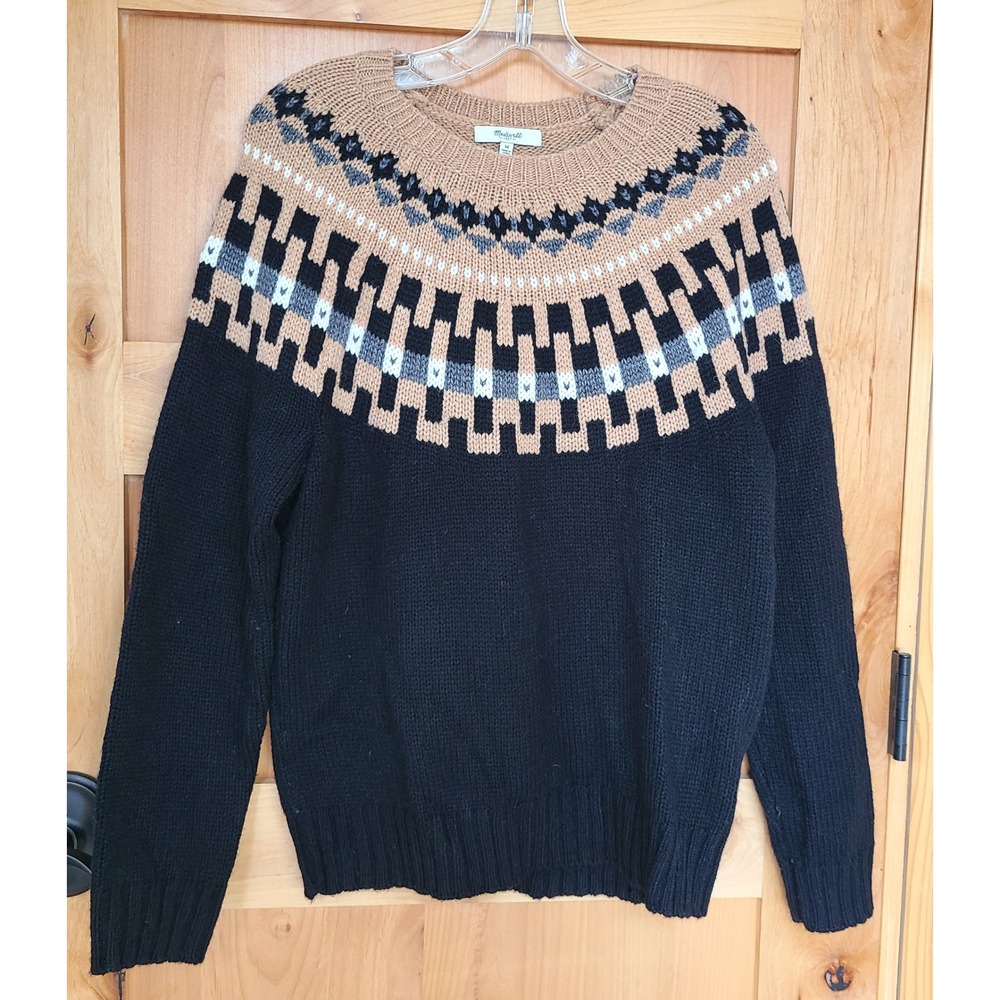 Madewell Wool Blend Fair Isle Scandinavian‎ Sweater MEDIUM Scandi Black Tan M
